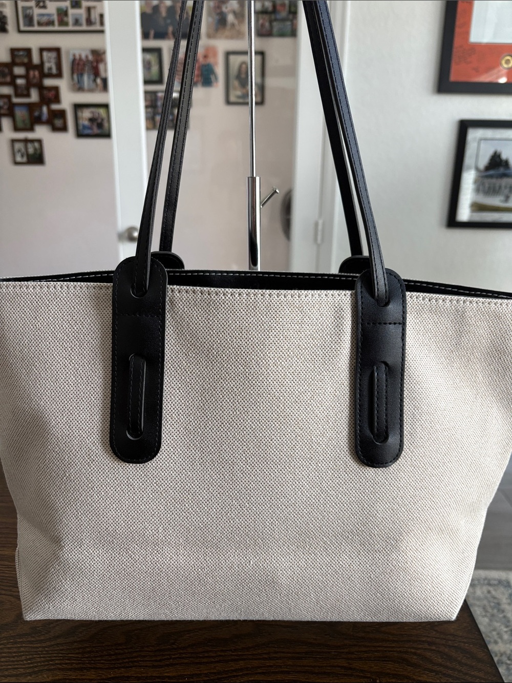 WEDN&ESDAY NWOT Tote Bag in Beige with Black Trim - Picture 3 of 6